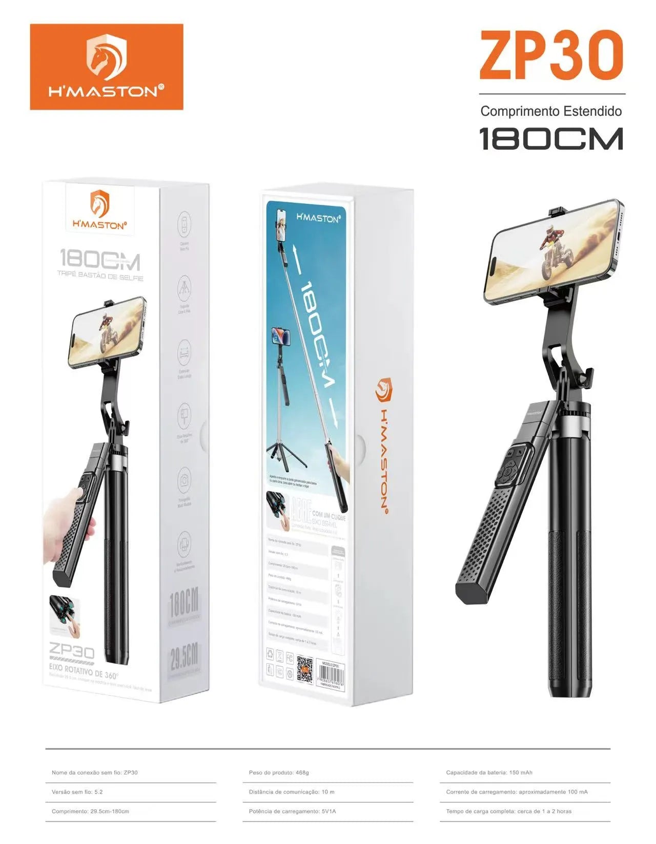 Tripé e Bastão de Selfie H'Maston ZP30 180cm Estável – E-LEADER