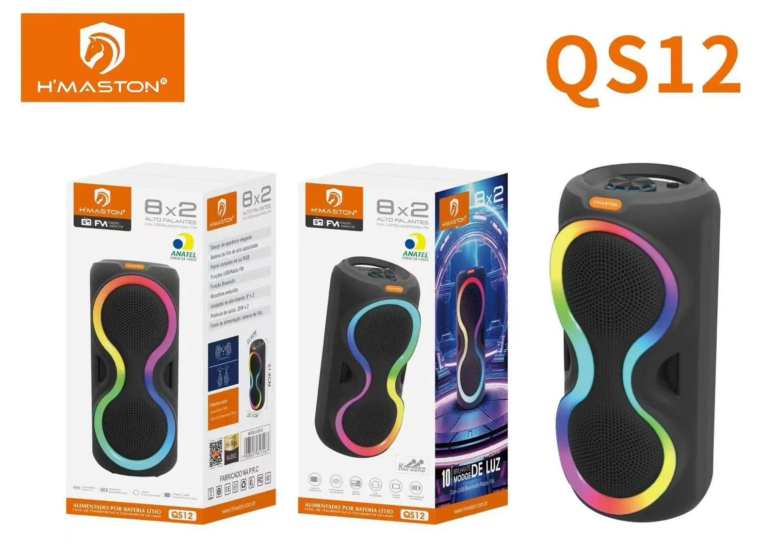 H'Maston QS12 Caixa de Som Bluetooth 8x2 com Luzes RGB e Bateria