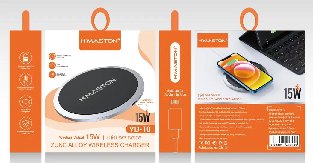 H'Maston YD10 Carregador Indução Wireless QI - Moderno e Prático