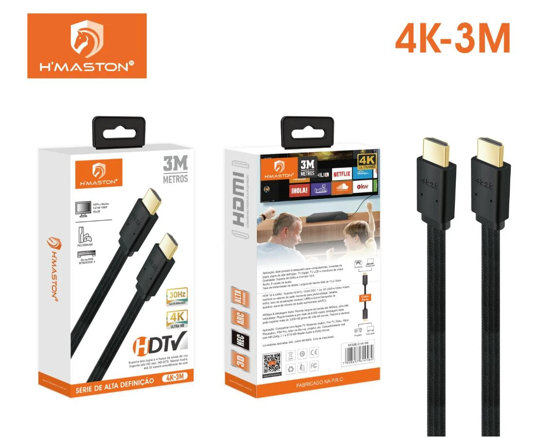 H'Maston 4K-3M Cabo HDMI Alta Definição e 3 Metros de Comprimento