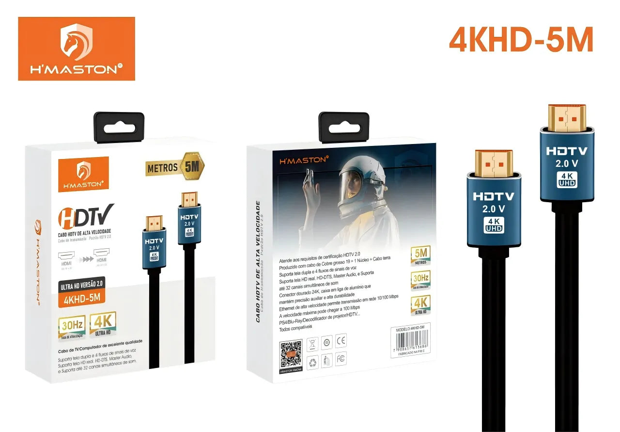 H'Maston 4KHD-5M Cabo HDMI 4K UHD 30Hz - 5 Metros de Qualidade