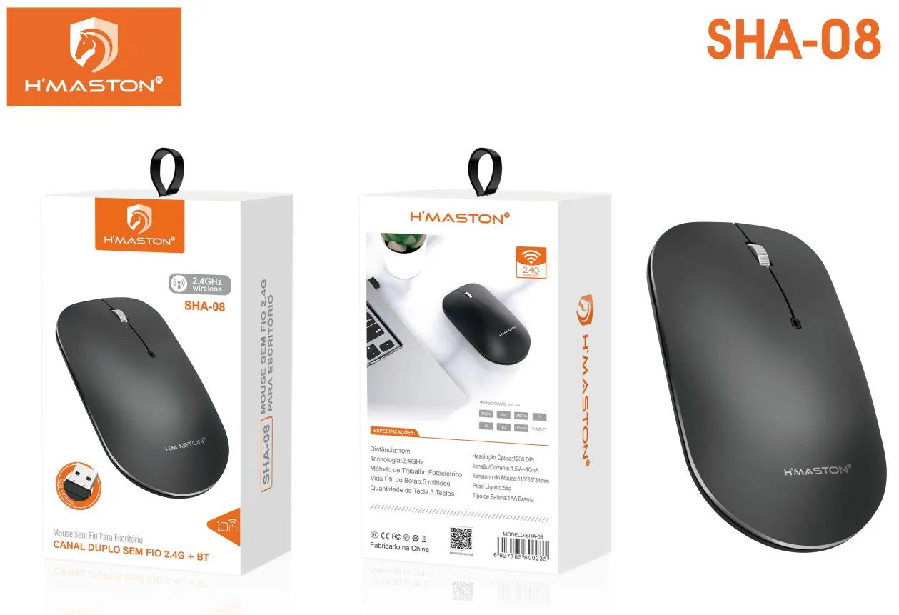H'Maston SHA08 Mouse Óptico Sem Fio Ergonômico 2.4G Silencioso