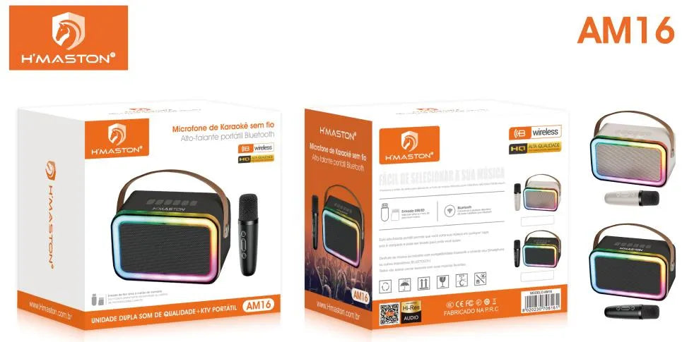 H'Maston AM16 Caixa de Som Bluetooth Portátil com Microfone e LED