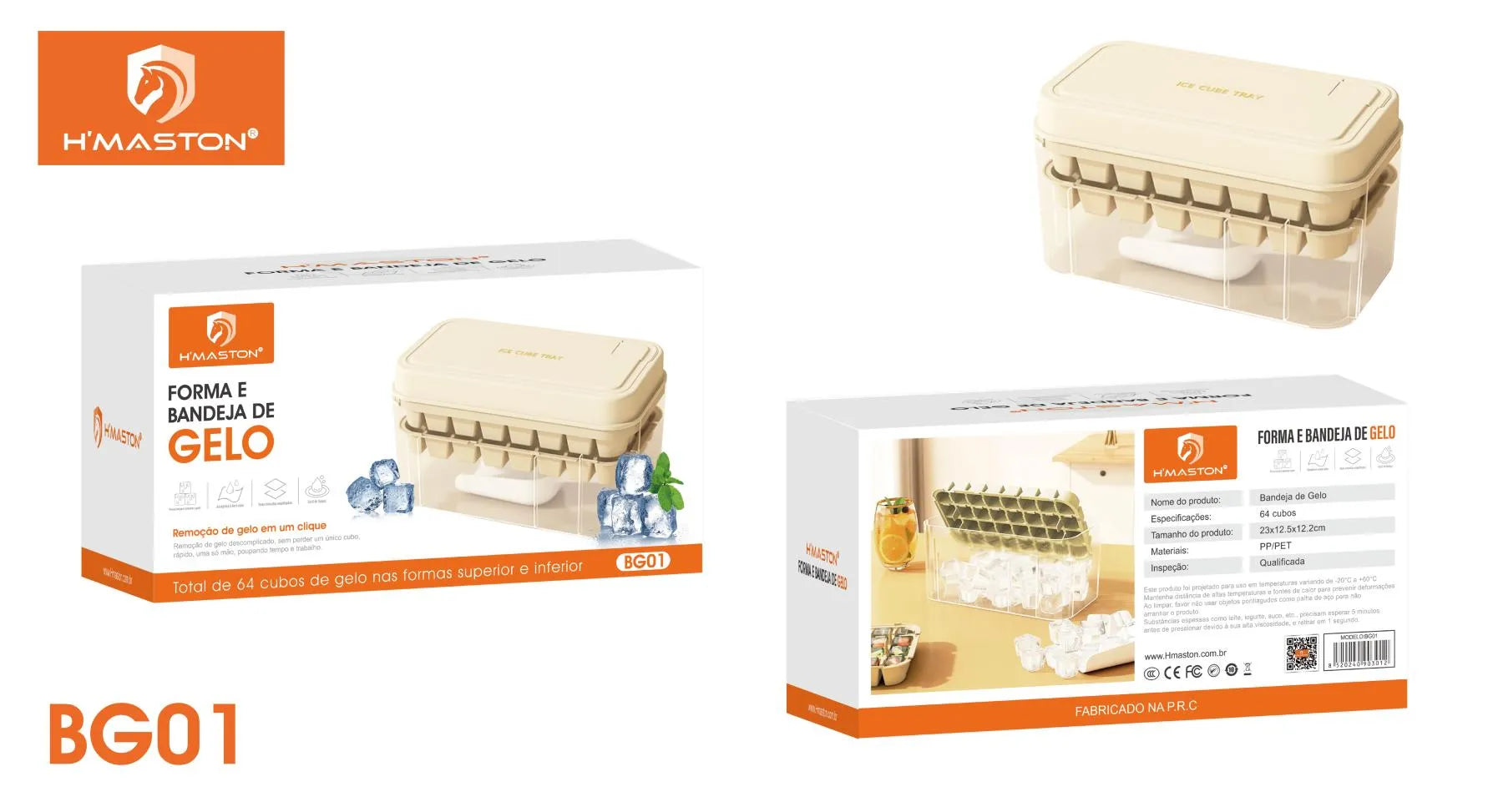 H'Maston BG01 Bandeja de Gelo Dupla com Tampa - 64 Cubos