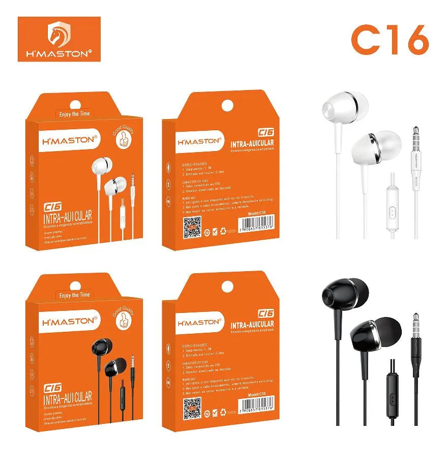 H'Maston C16 Fone de Ouvido com Fio e Microfone de Alta Qualidade