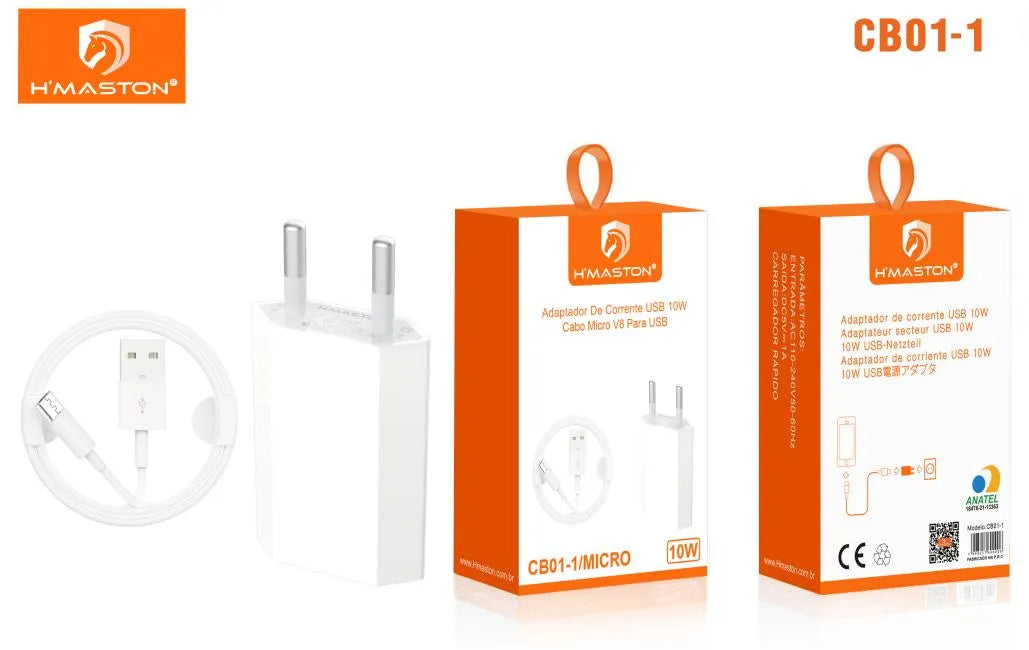 H'Maston CB01-1 Carregador USB 10W V8 - Adaptador MicroUSB para Carregamento Rápido