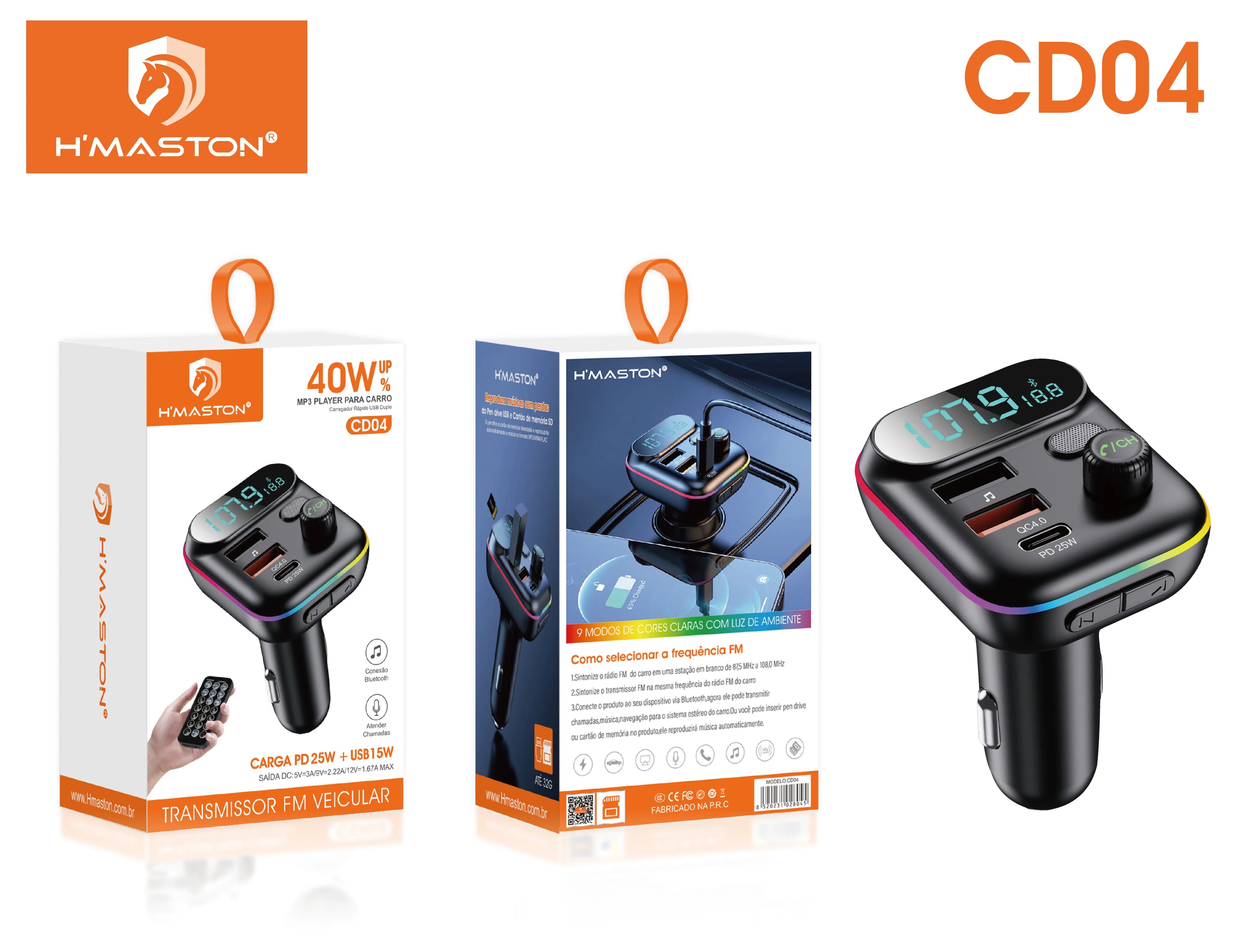 H'Maston CD04 Transmissores FM / Bluetooth Veicular 40W com USB e Bluetooth