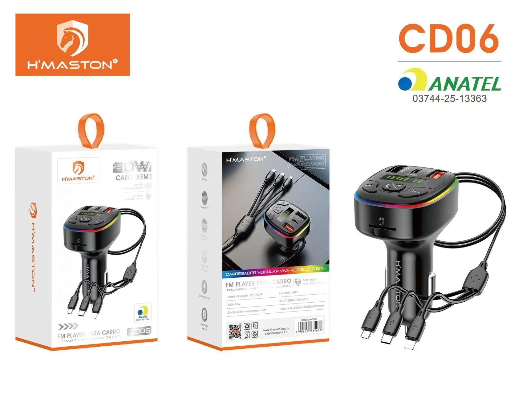H'Maston CD06 Transmissor FM Bluetooth 5.3 e Carregador Veicular