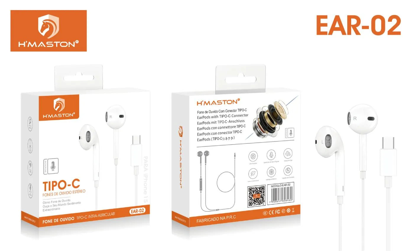 H'Maston EAR02 Fone Tipo-C Estilo EarPods para iPhone 15