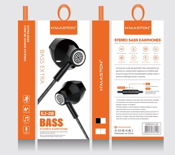 H'Maston EJ28 Fone de Ouvido 3,5 mm - Estéreo Leve e Confortável