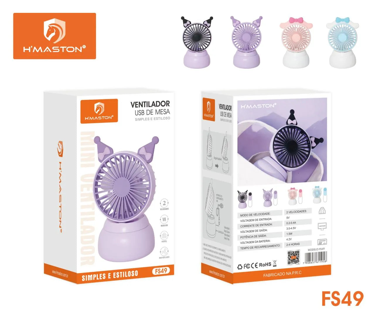 H'Maston FS49 Mini Ventilador Recarregável Portátil e Multifuncional