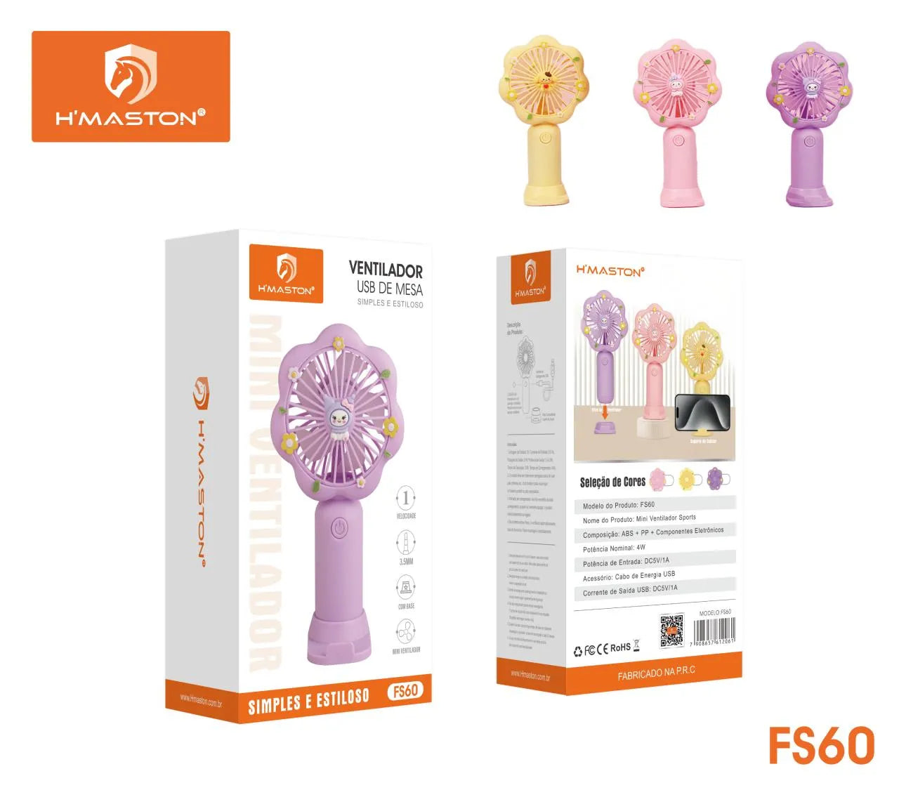 H'Maston FS60 Mini Ventilador Recarregável Portátil e Silencioso