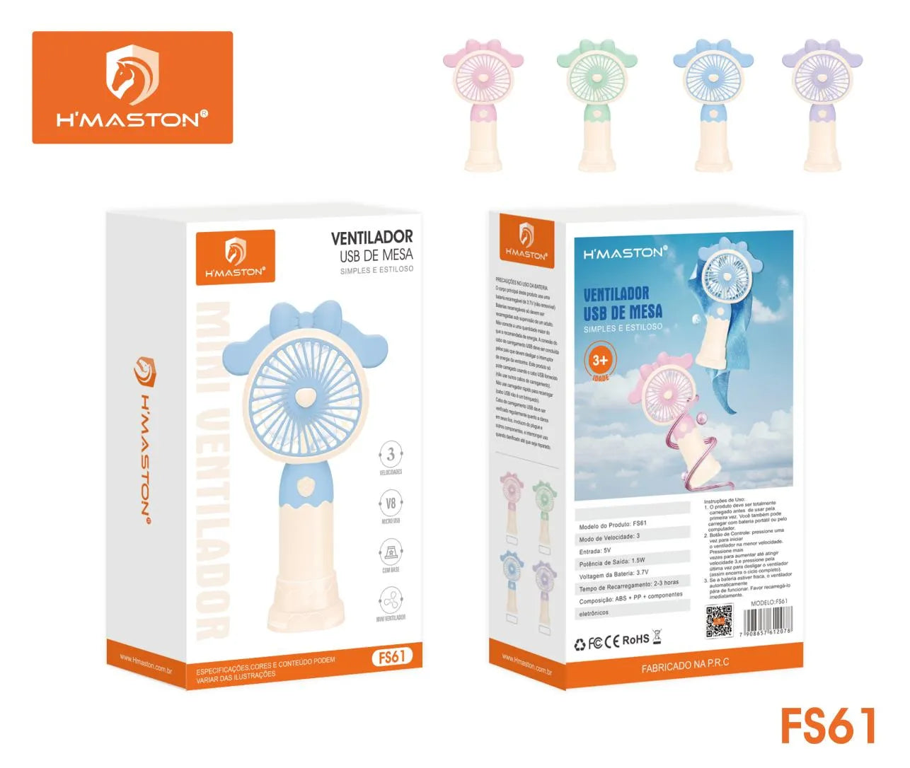 H'Maston FS61 Mini Ventilador Recarregável Portátil e Silencioso