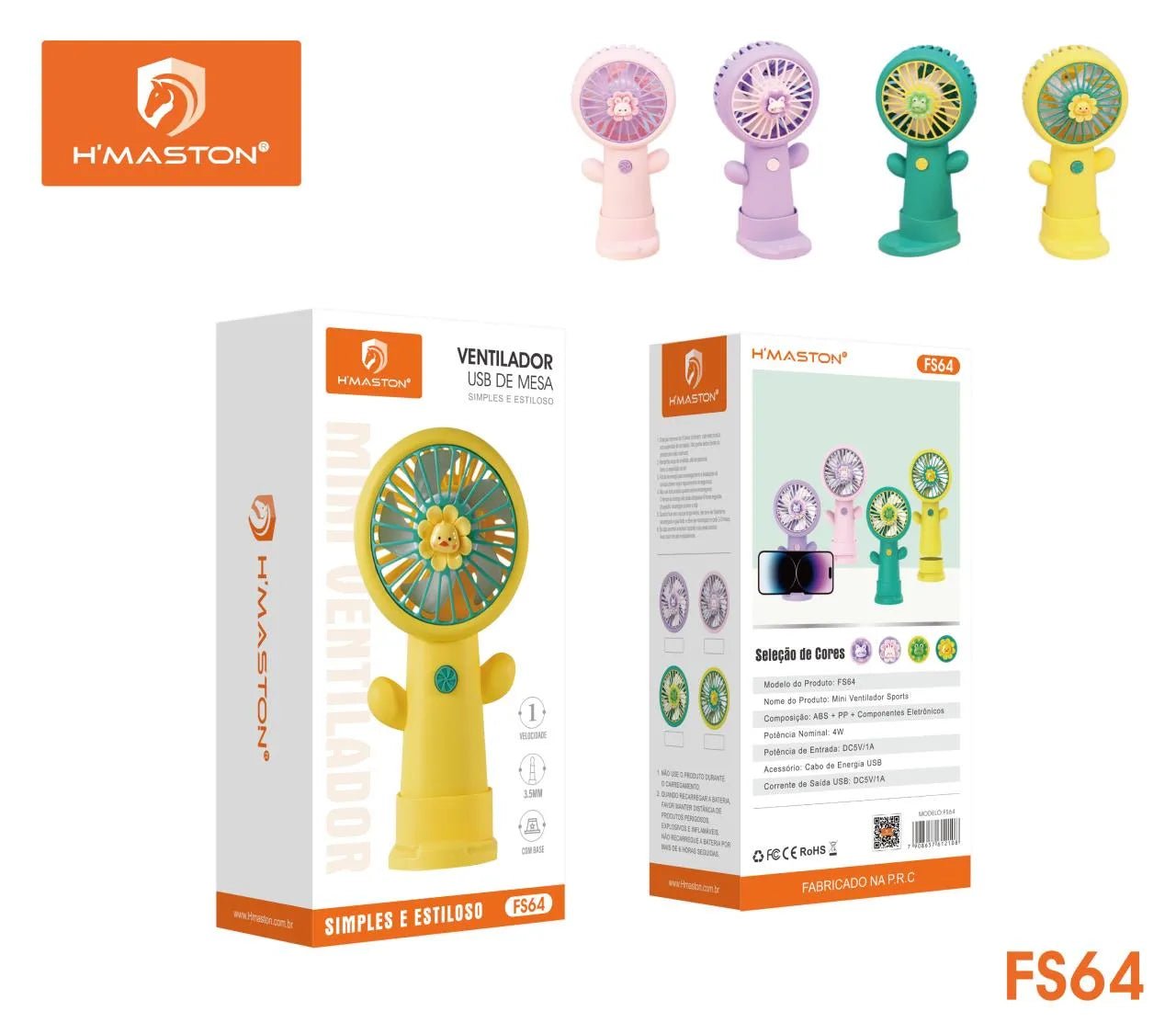 H'Maston FS64 Mini Ventilador Recarregável Portátil e Multifuncional
