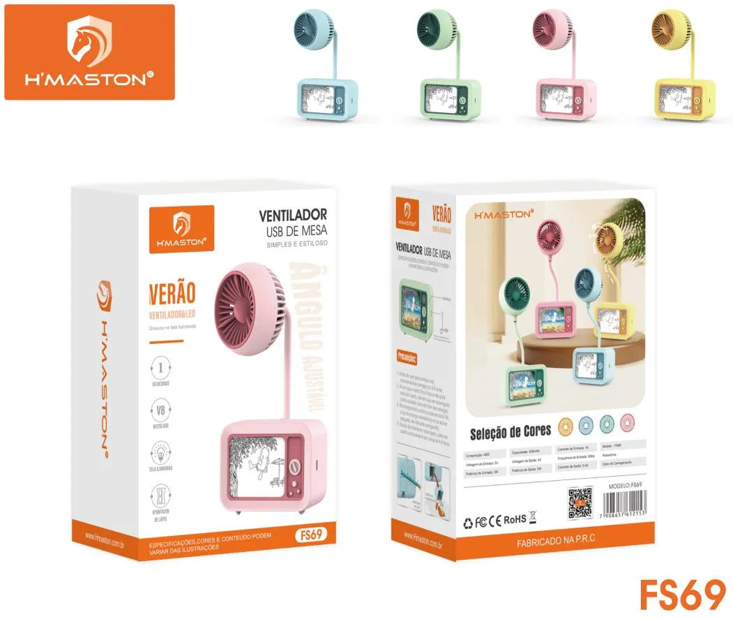H'Maston FS69 Mini Ventilador Recarregável Portátil e Multifuncional