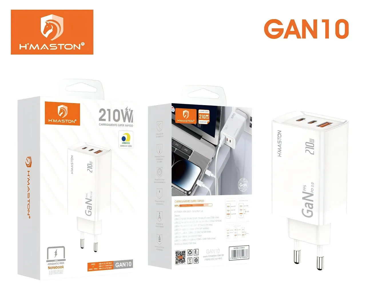 H'Maston GaN10 Carregador Turbo GAN10 210W - Rápido e Seguro