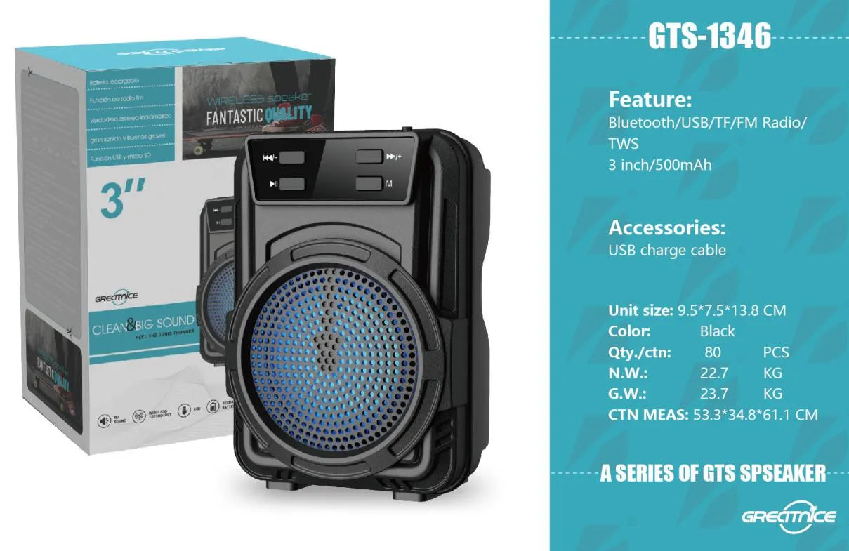 H'maston GTS-1346 Caixinha Som Bluetooth Portátil FM e USB