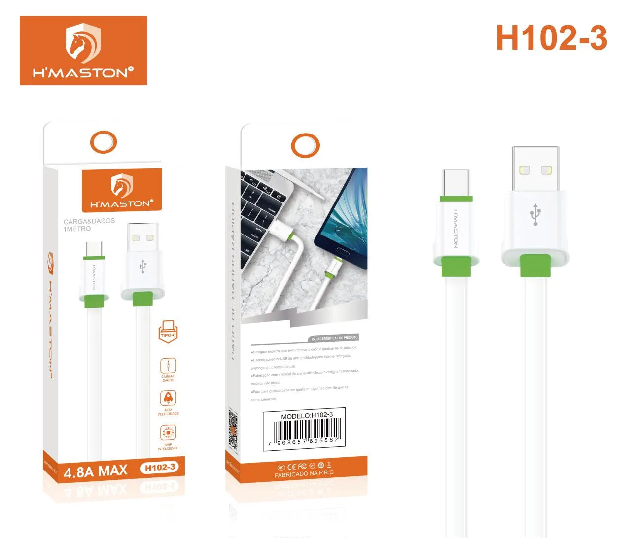 H'Maston H102 Cabo Carregador Rápido 4.8A 1m - Alta Durabilidade