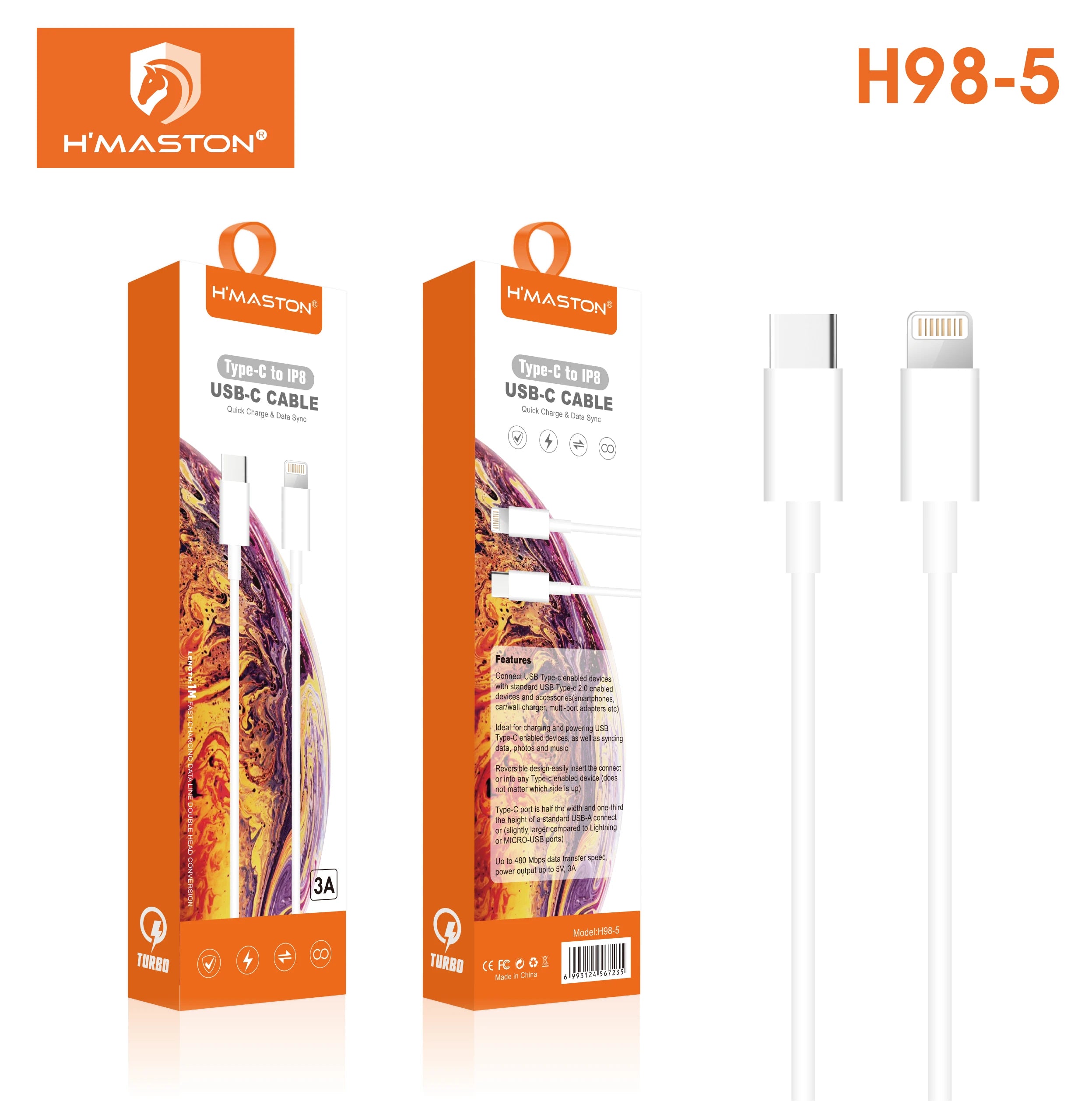 H'Maston H98-5 Cabo Carregador Type-C Lightning 6A Branco