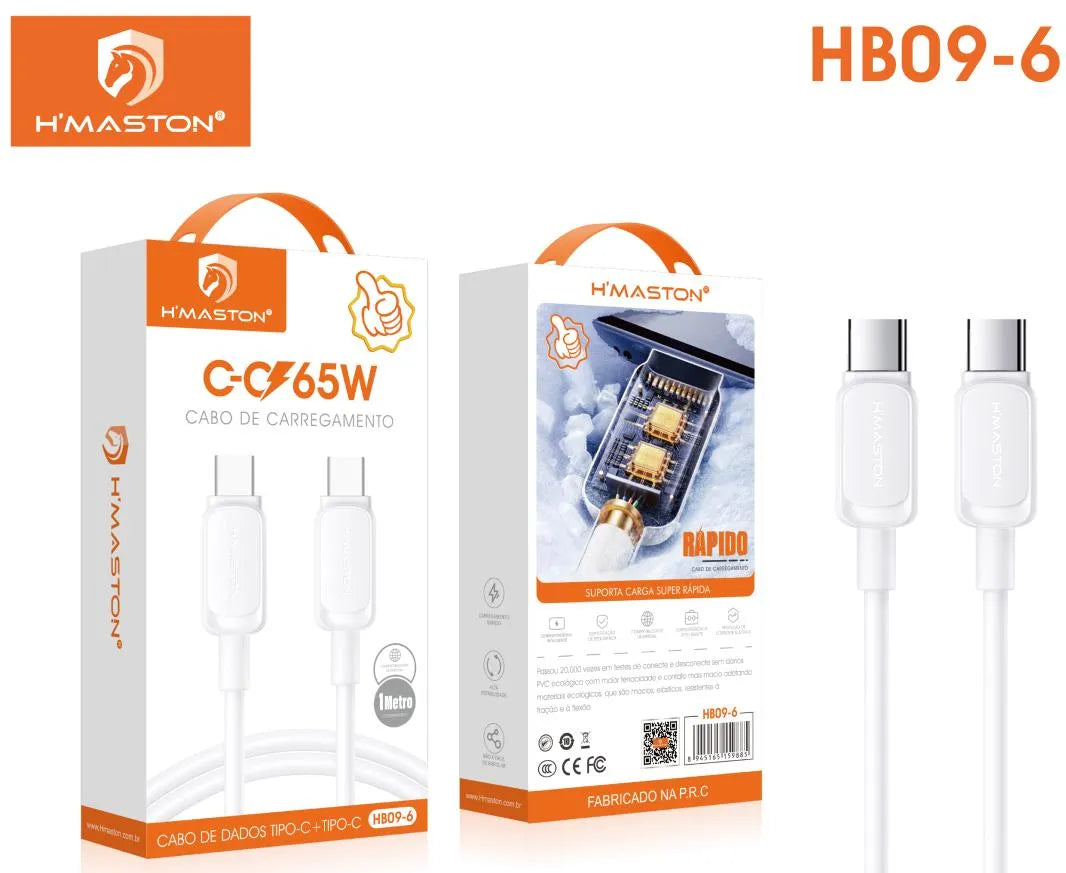 H'Maston HB09-6 Cabo USB C-to-C 65W de Alta Velocidade, 1,5m