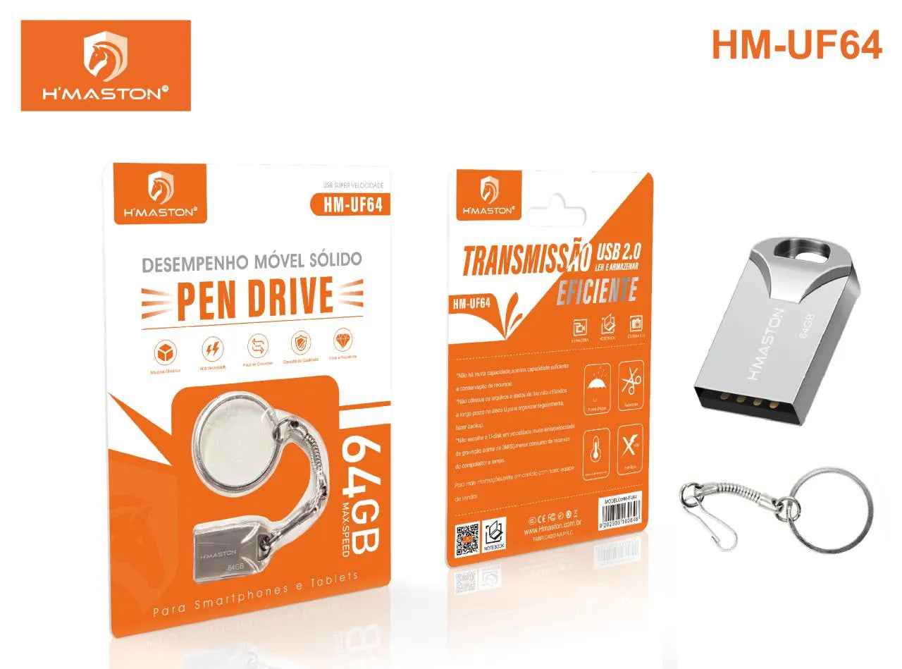 H'Maston HM-UF64 Pendrive Metal 64GB USB 2.0 Chaveiro Elegante
