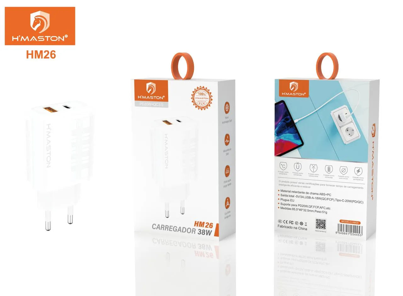 H'Maston HM26 Carregador Turbo 38W USB e Tipo C - Alta Performance