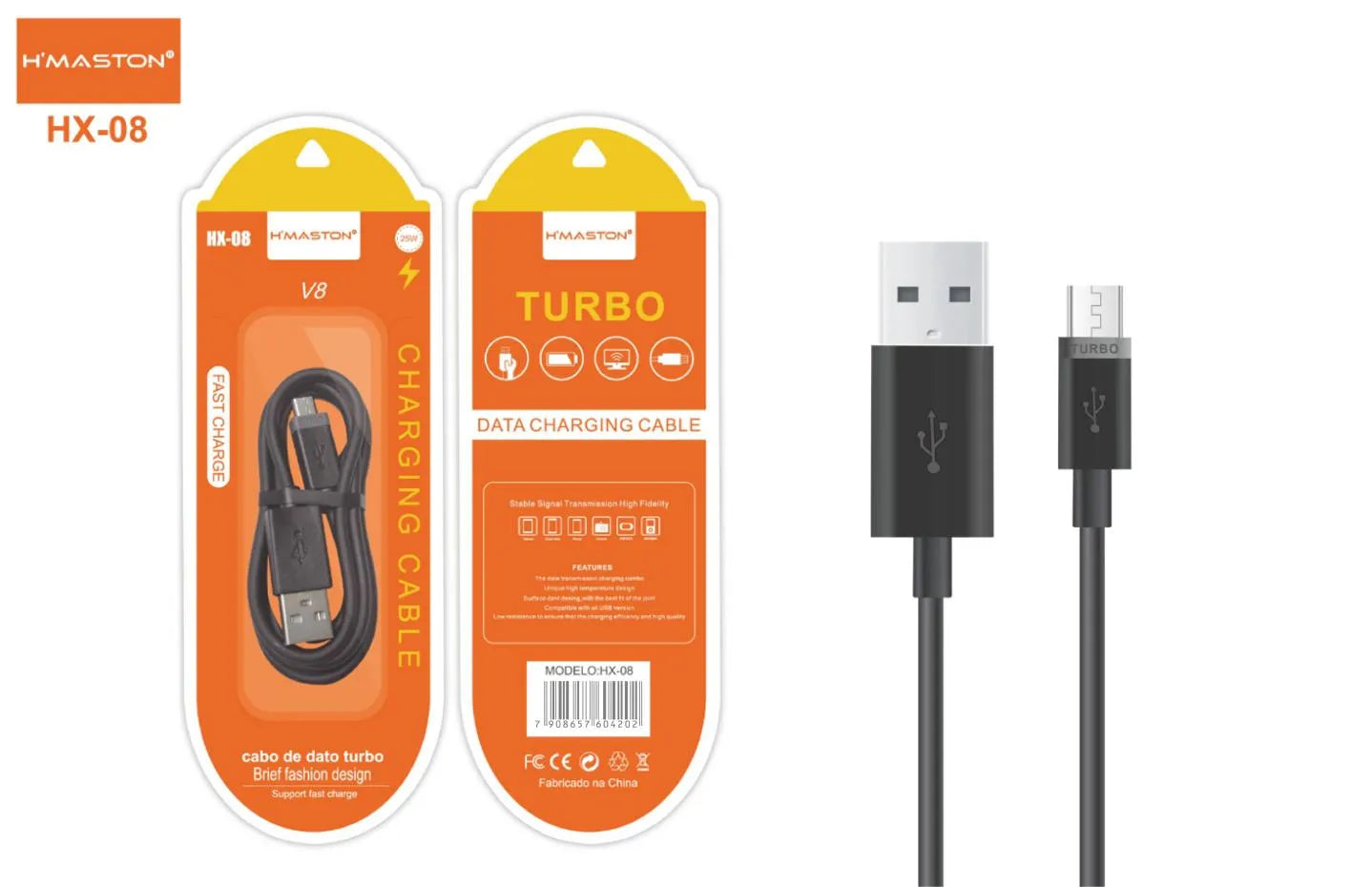 H'Maston HX08 Cabo USB V8 Turbo 1m 60W - Carregamento Rápido