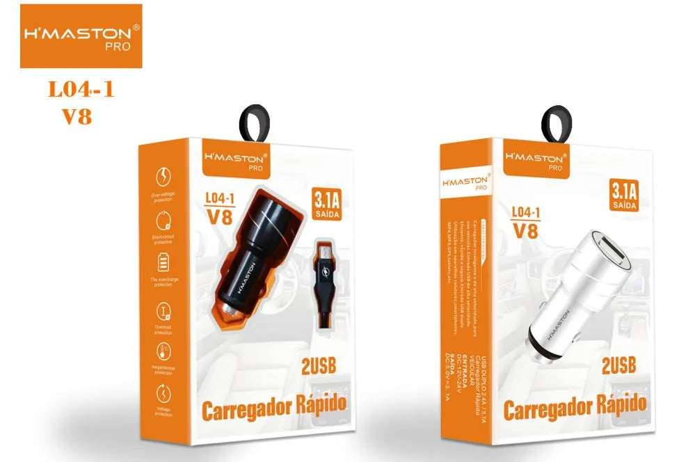 H'Maston L04 Carregador Veicular 2 USB Turbo 3.1A - Carregamento Rápido