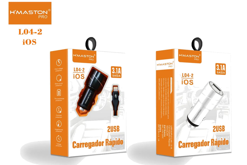 H'Maston L04 Carregador Veicular 2 USB Turbo 3.1A - Carregamento Rápido