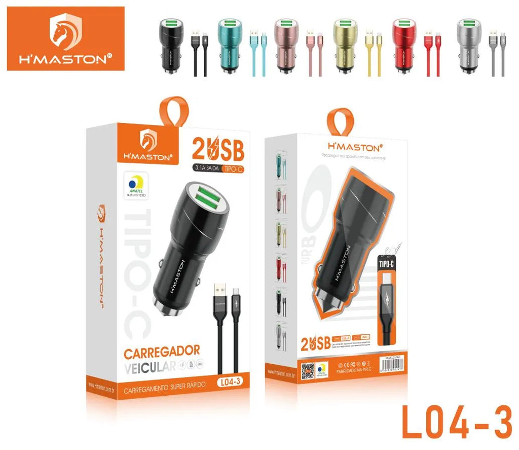 H'Maston L04 Carregador Veicular 2 USB Turbo 3.1A - Carregamento Rápido