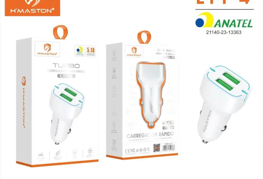 H'Maston L11-4 Carregador Veicular Turbo 5.1A Duplo USB