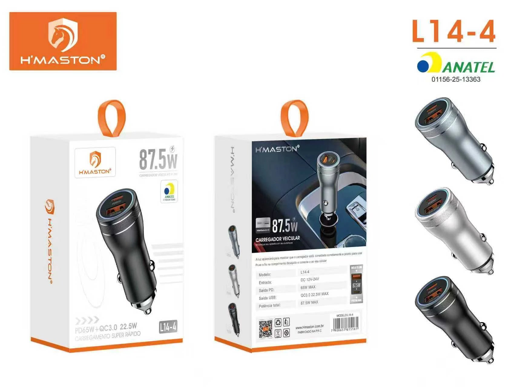 H'Maston L14-4 Carregador Veicular USB PD 87.5W - Super Rápido