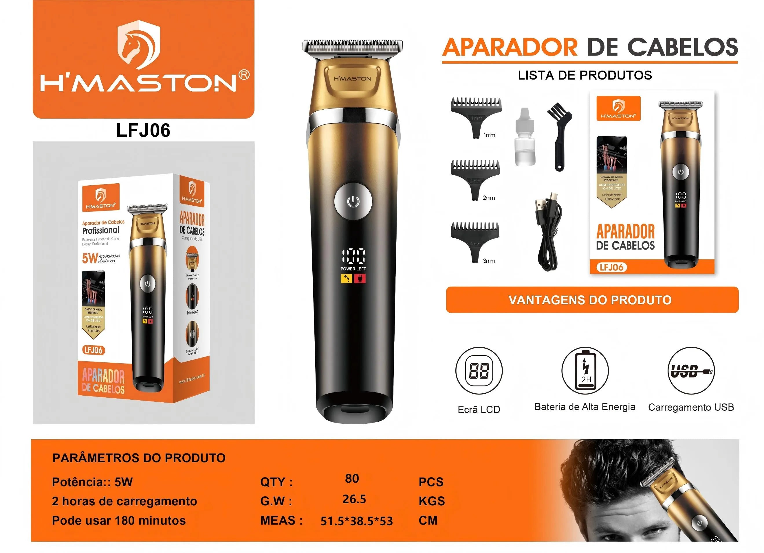 H'Maston LFJ06 Máquina de Corte de Cabelo Profissional - Aço Inox e Cerâmica