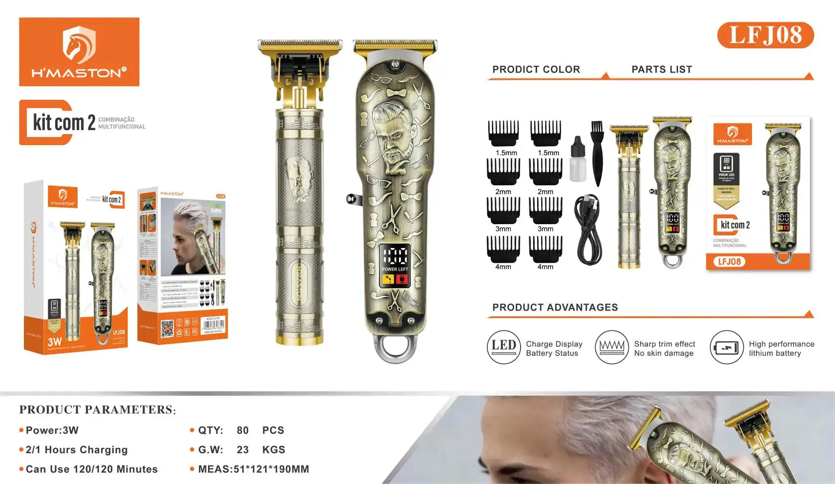 H'Maston LFJ08 Máquina de Cortar Cabelo e Barbeador 3 em 1