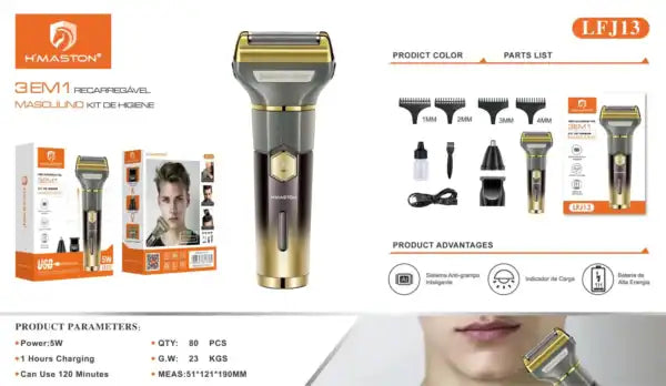 H'Maston LFJ13 Máquina Cortar Cabelo 3 em 1 Portátil e Elétrica