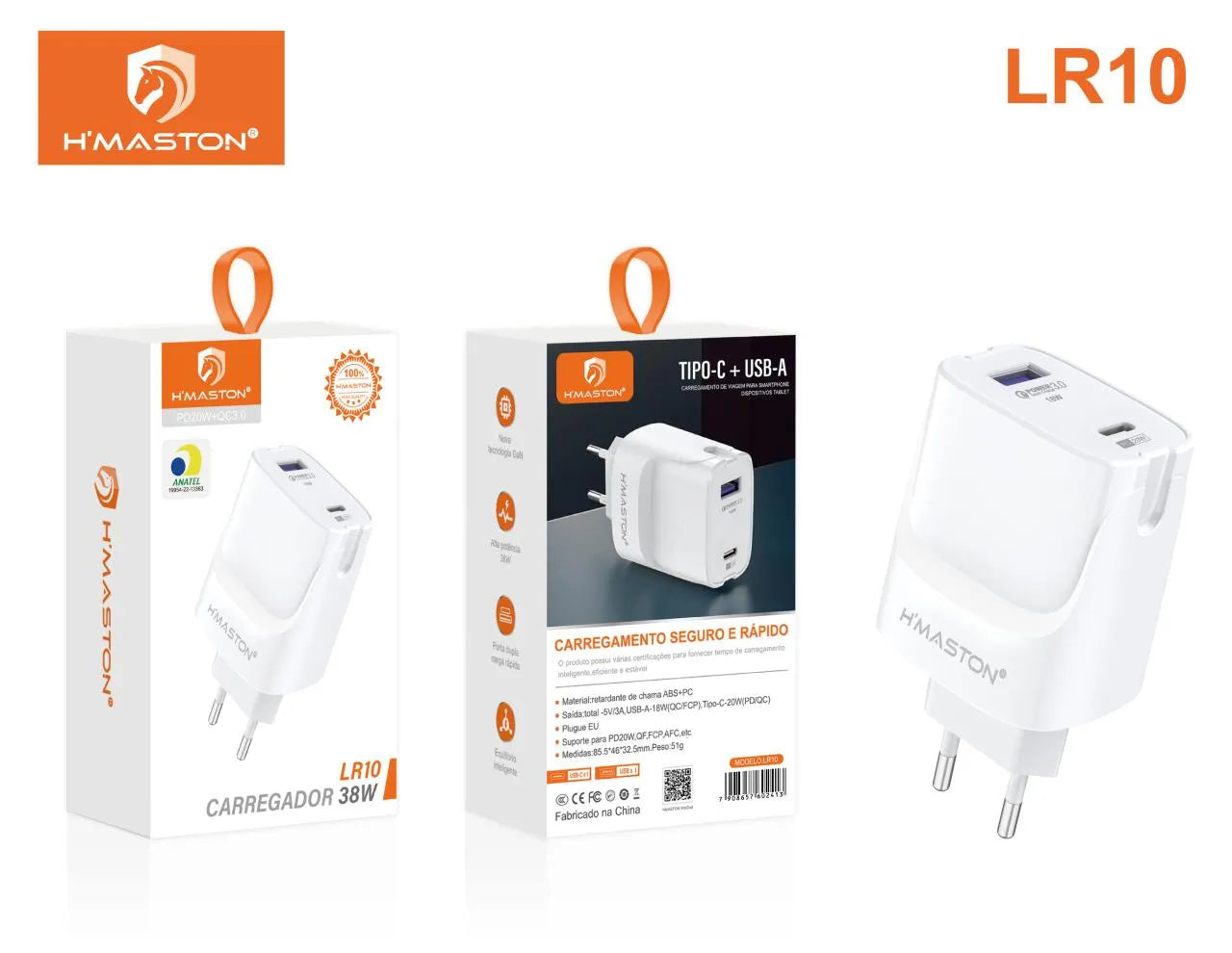 H'Maston LR10 Carregador 38W PD20W QC3.0 USB Tipo-C Rápido
