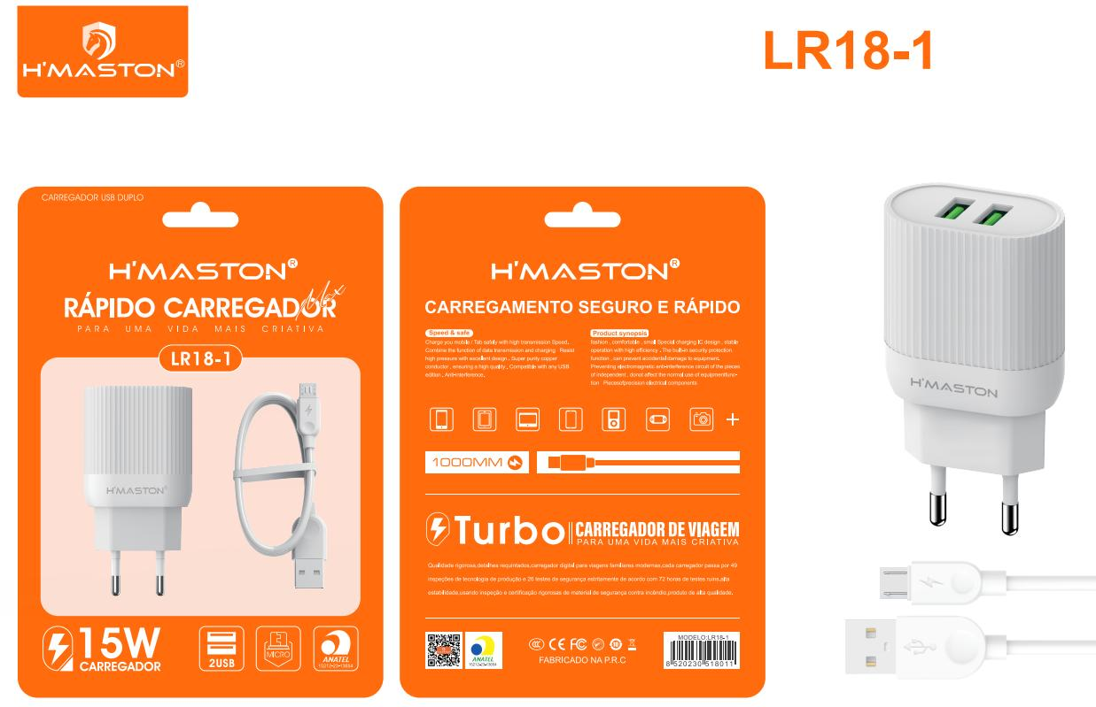 H'Maston LR18 Carregador Rápido e Portátil com 2 USB