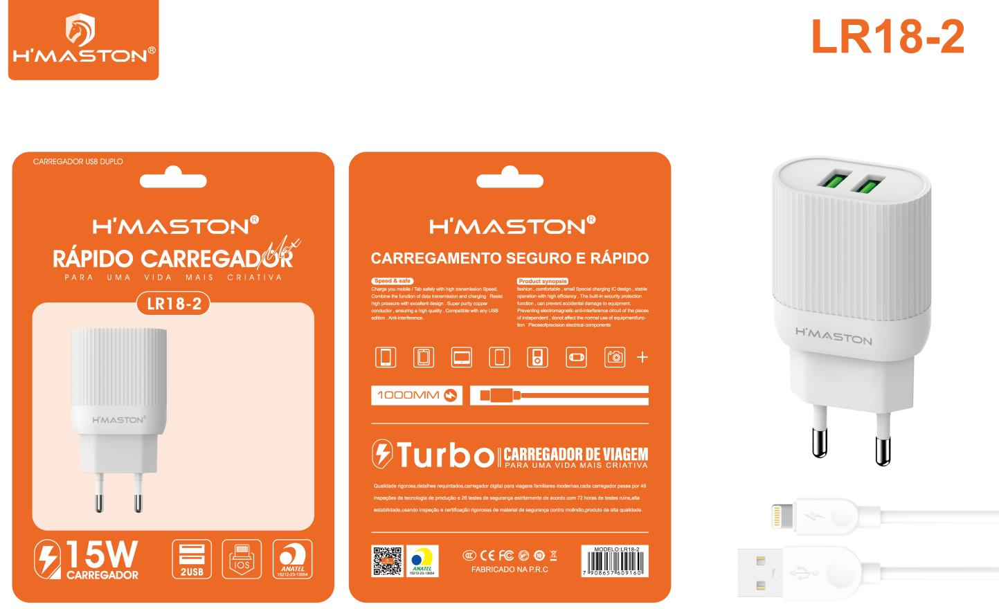 H'Maston LR18 Carregador Rápido e Portátil com 2 USB