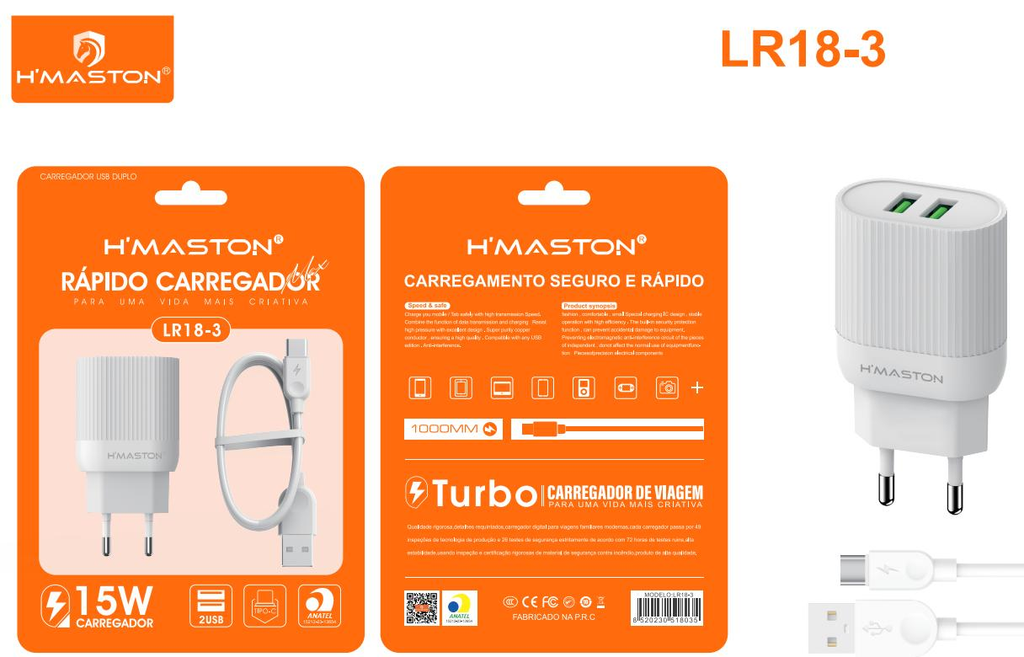 H'Maston LR18 Carregador Rápido e Portátil com 2 USB