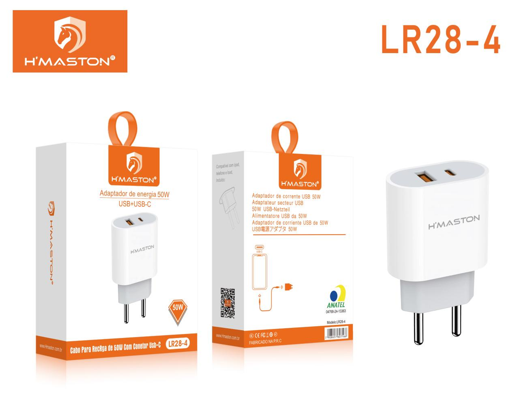 H'Maston LR28 Fonte Turbo Carregador Rápido 50W USB-A/C