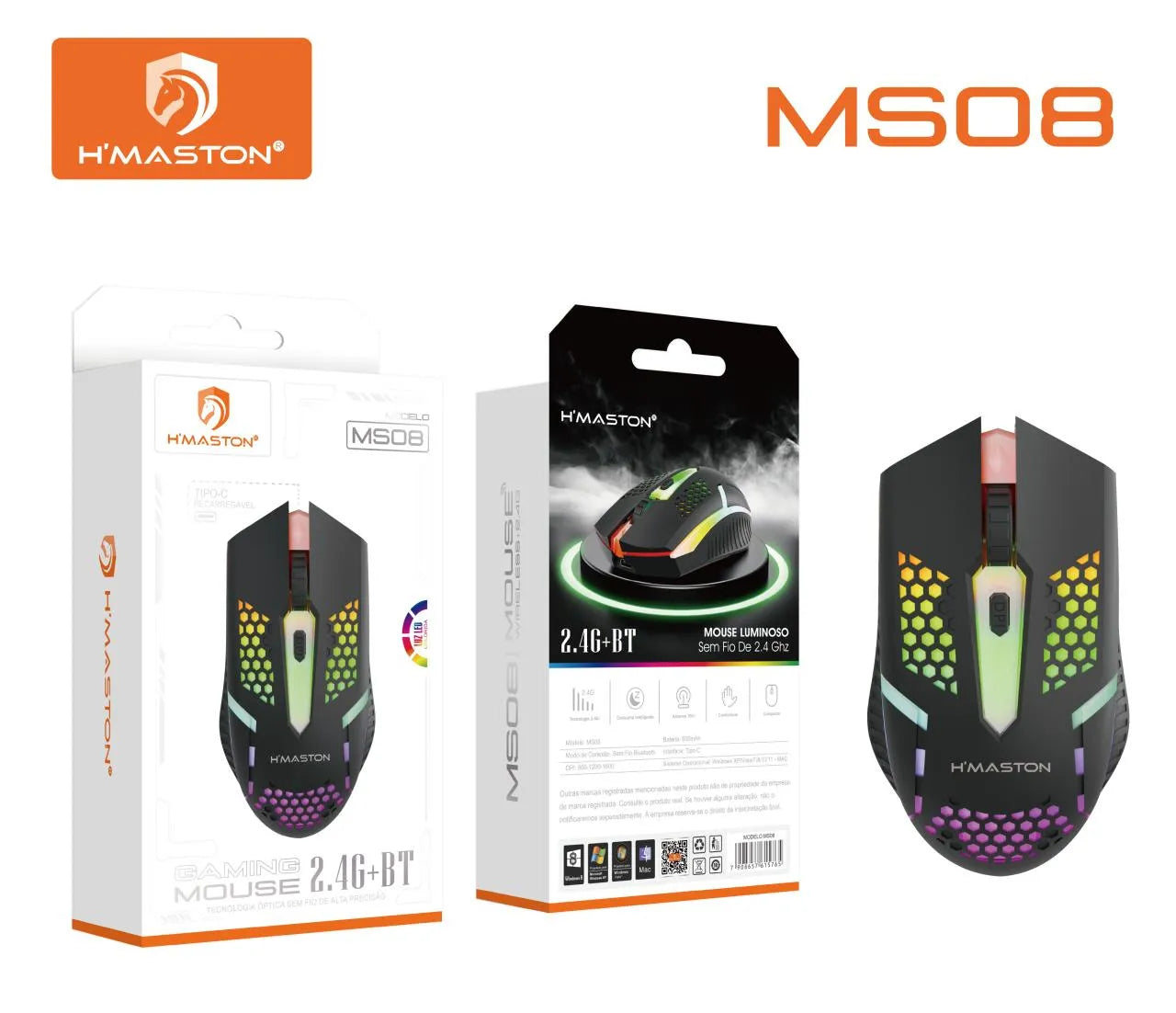 H'Maston MS08 Mouse Sem Fio - Ergonomico e com Iluminação RGB