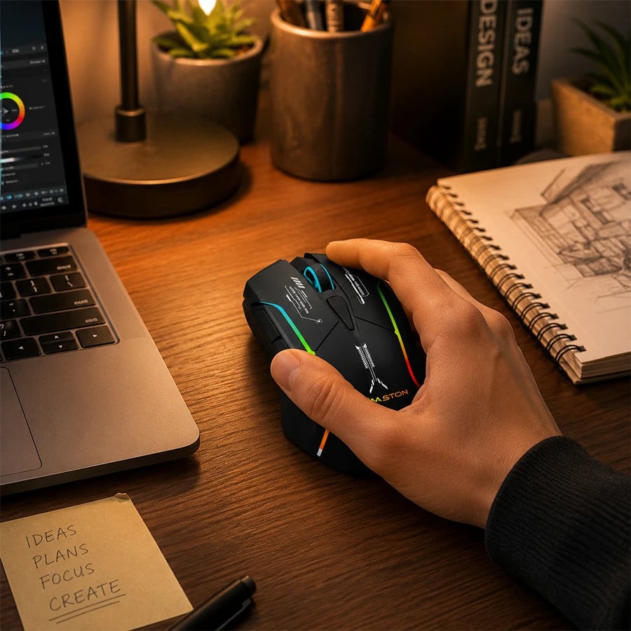 H'Maston MS17 - Mouse Gamer RGB Tri-Mode Ergonômico Preto