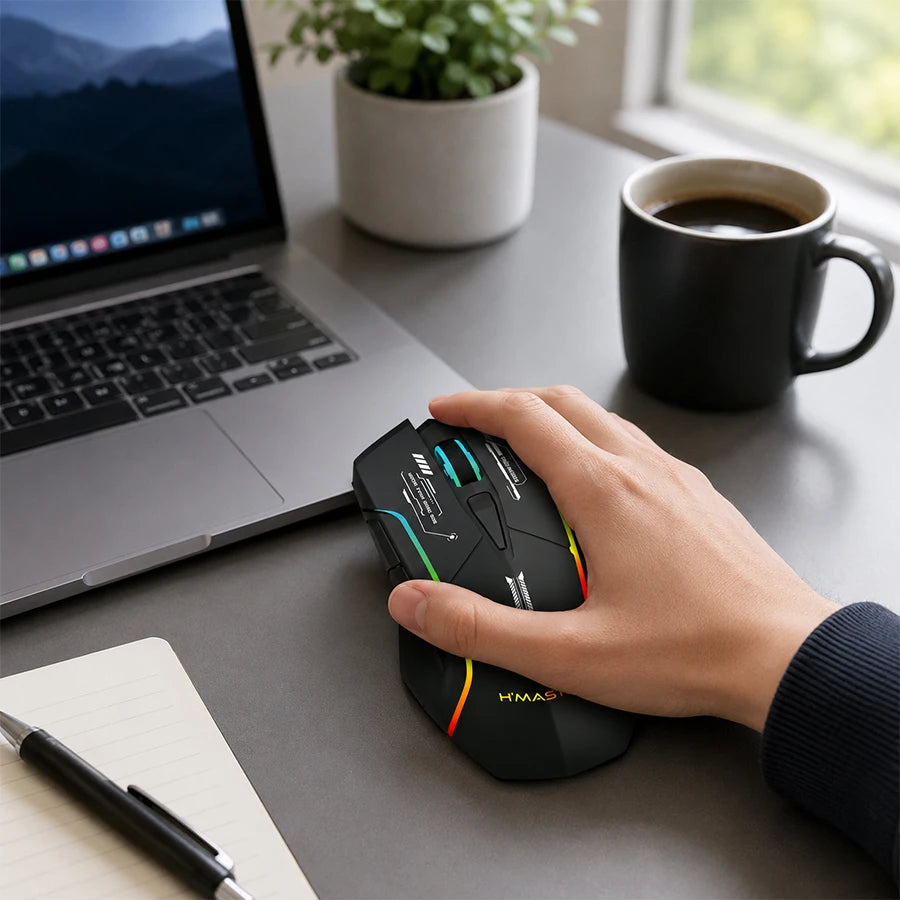 H'Maston MS17 - Mouse Gamer RGB Tri-Mode Ergonômico Preto
