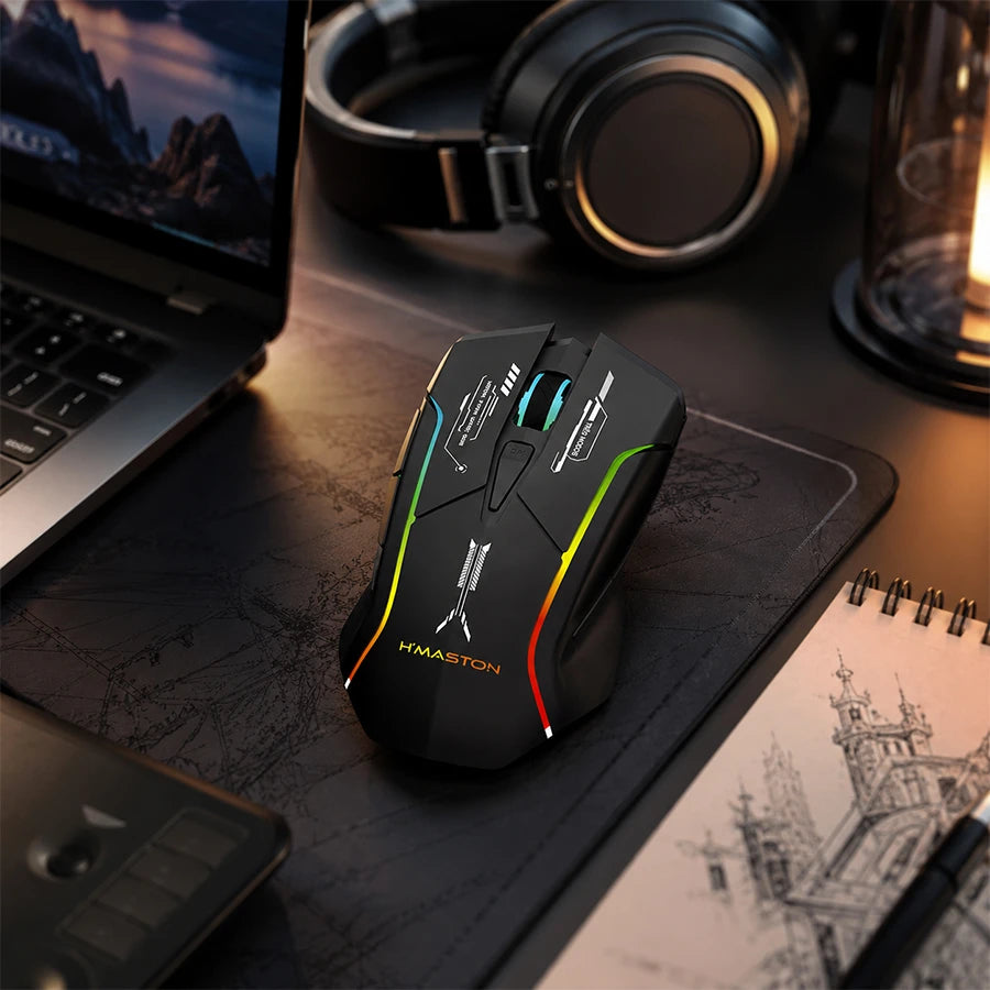 H'Maston MS17 - Mouse Gamer RGB Tri-Mode Ergonômico Preto