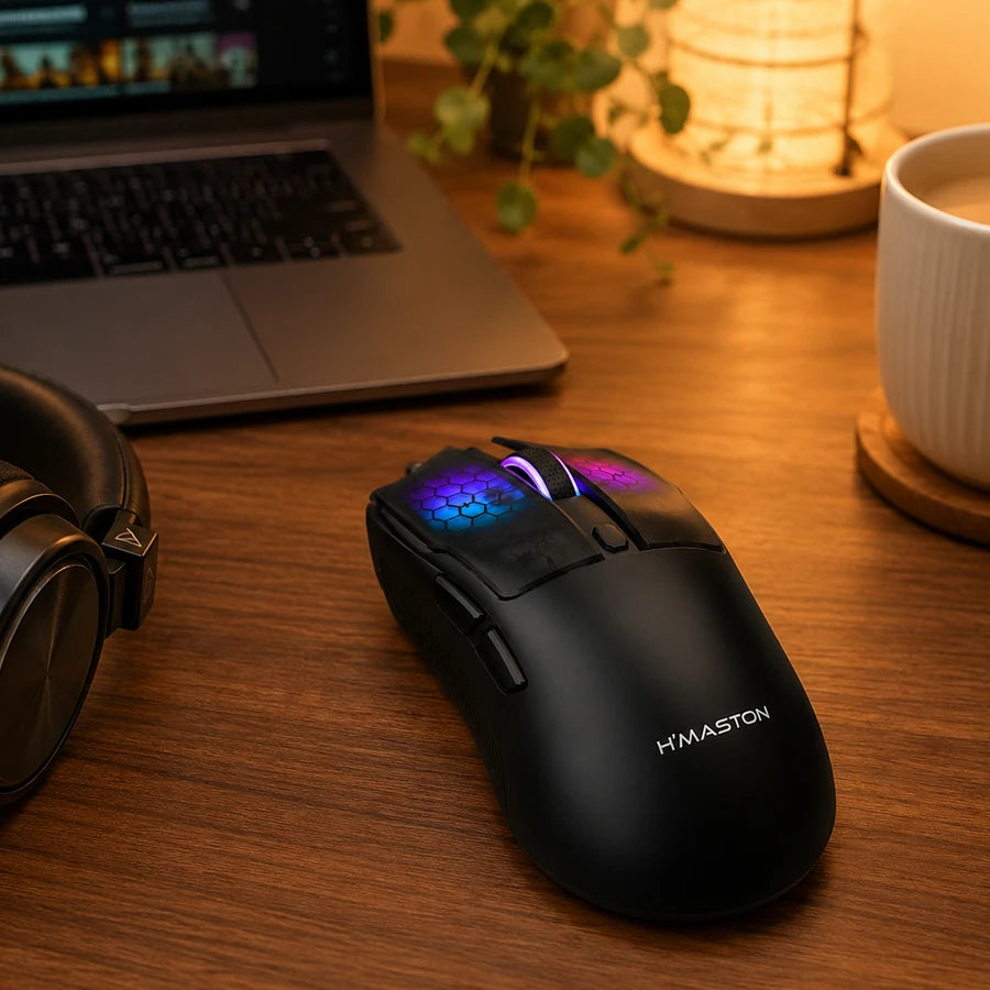 H'Maston MS18 - Mouse Gamer RGB Tri-Mode Preto para Alta Performance