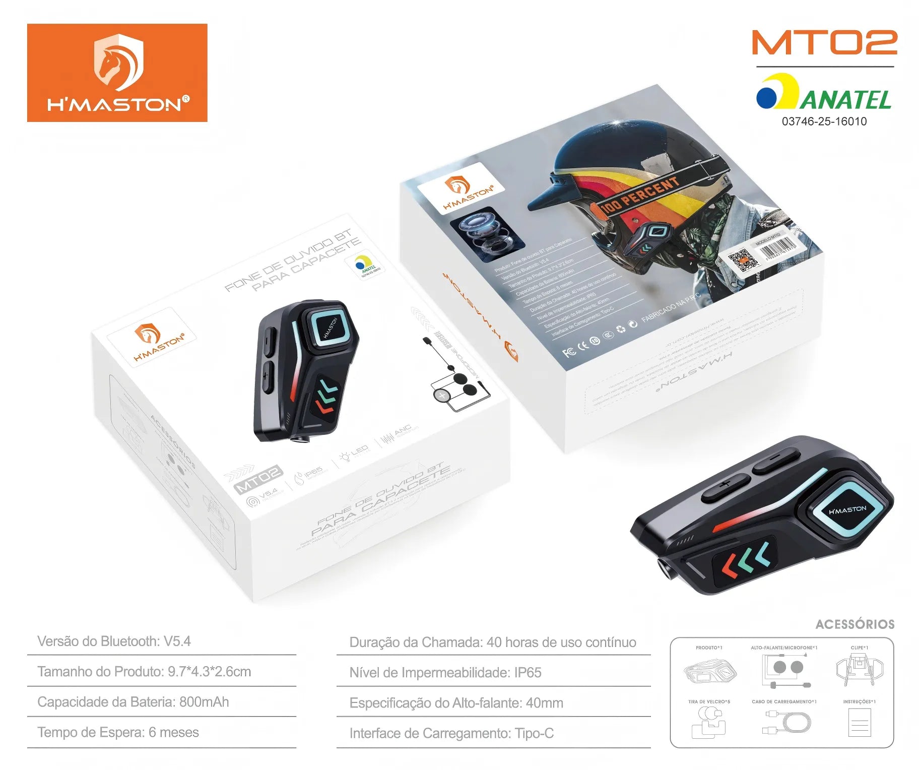 H'Maston MT02 Fone Bluetooth para Capacete com LED e IP65