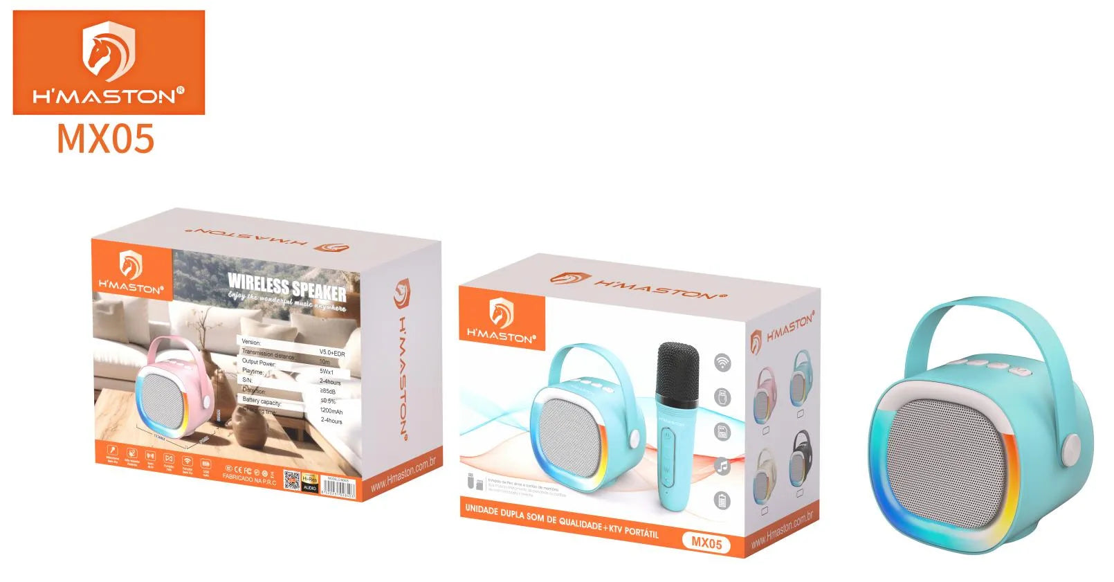H'Maston MX05 Caixa de Som Bluetooth Portátil com Microfone e LED