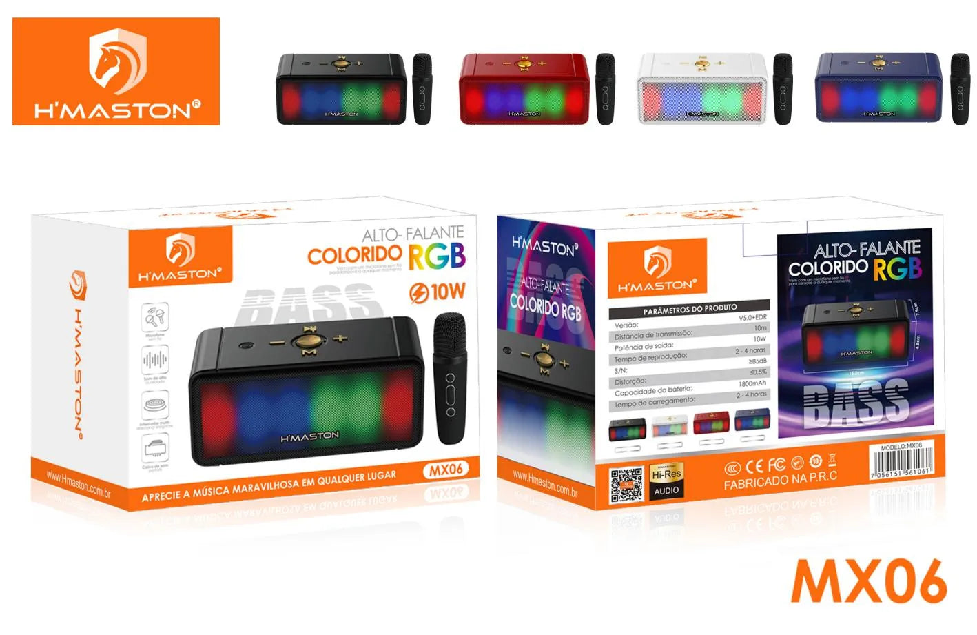 H'Maston MX06 Caixa de Som Bluetooth Portátil com Microfone e LED