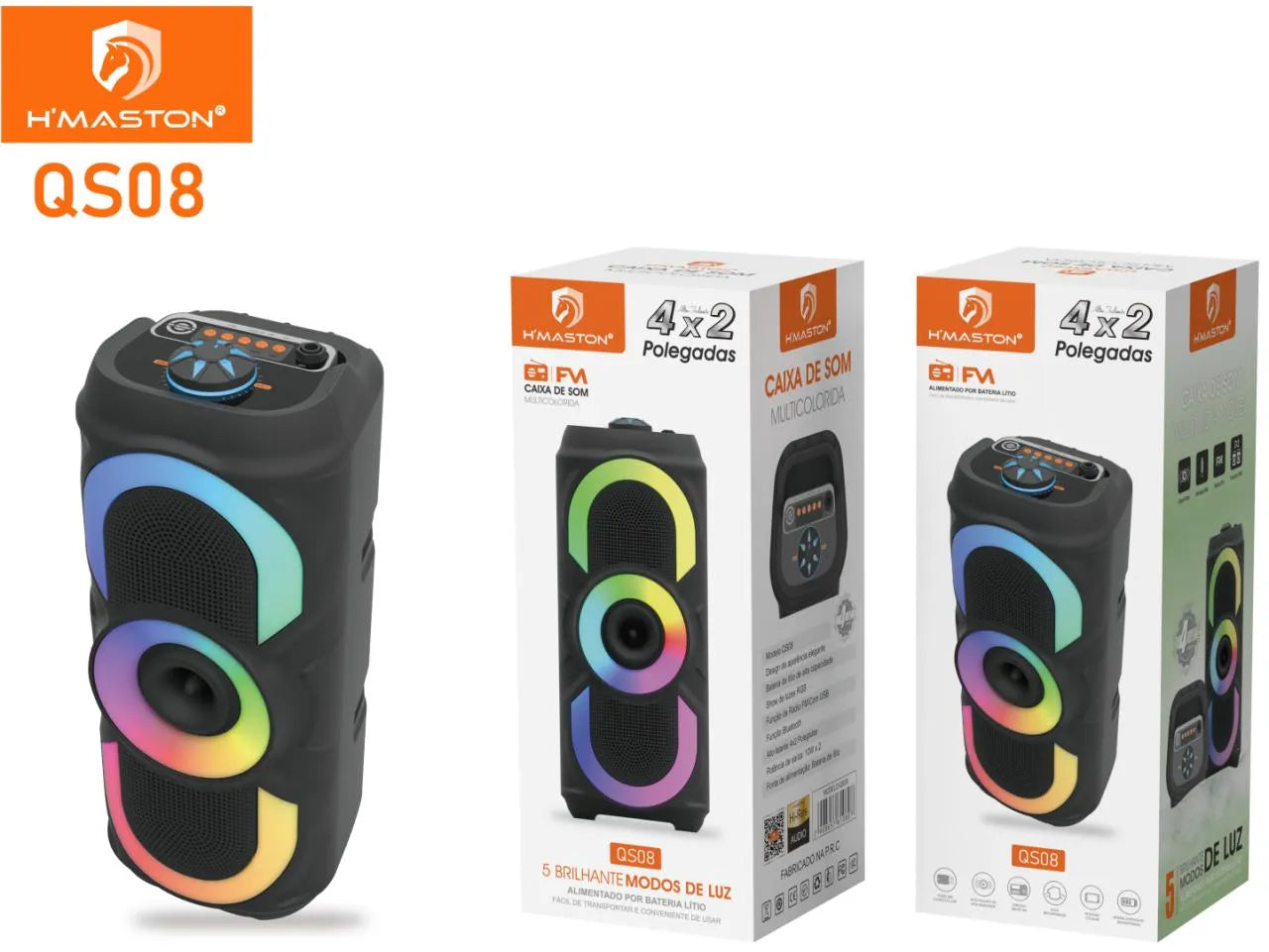 H'Maston QS08 Caixa de Som Potência 50W, Bluetooth e LEDs