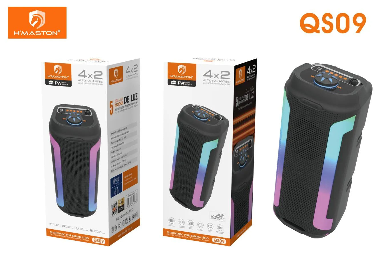 H'Maston QS09 Caixa de Som Bluetooth 4x2 com Luzes RGB